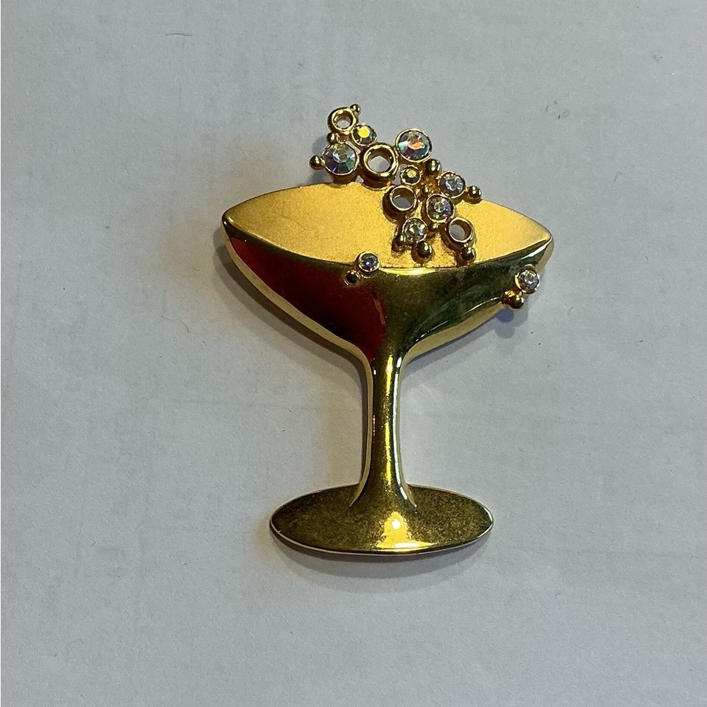 Vintage JJ Gold Champagne Glass Brooch with Rhinestones